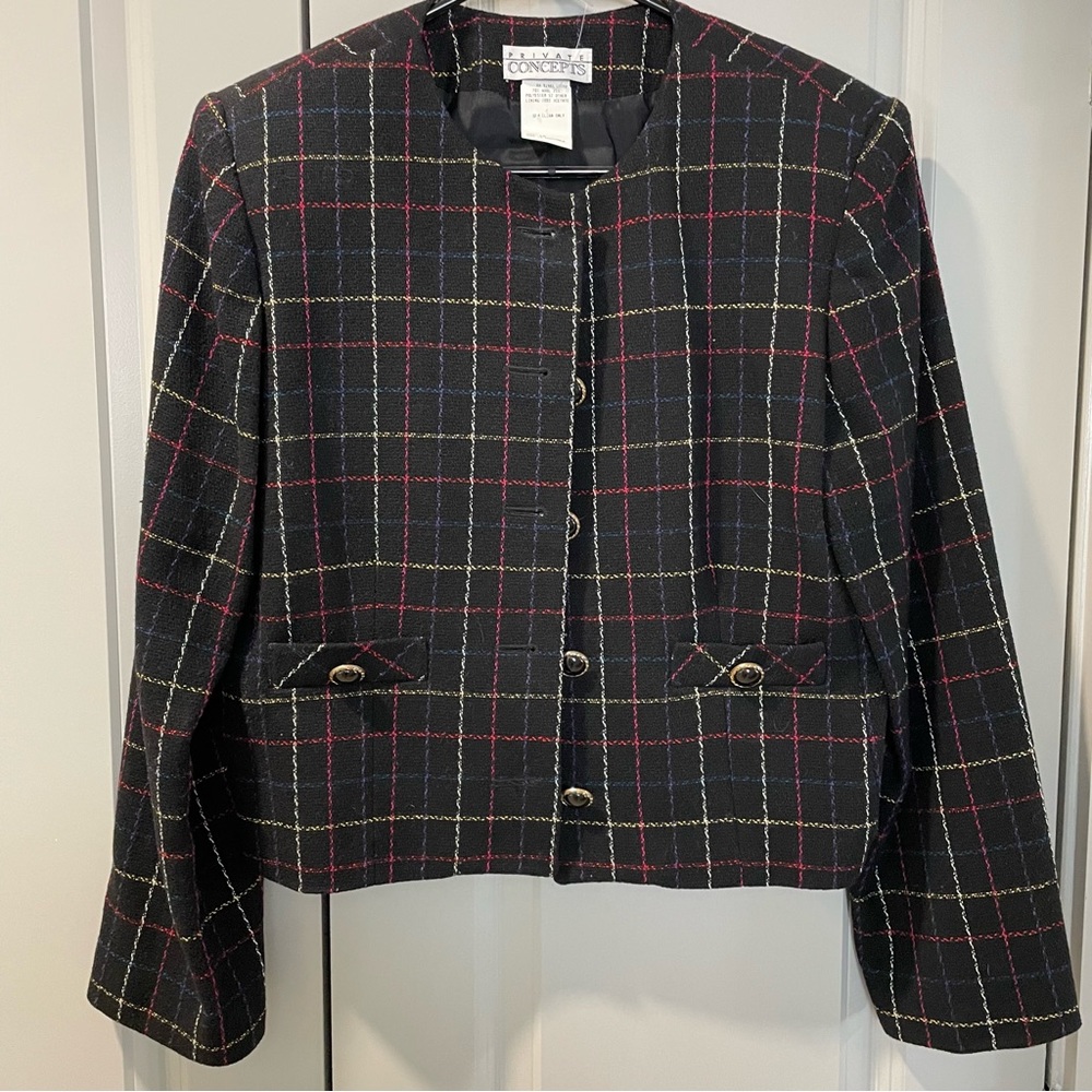 Private Concepts Jacket 5 Button Front Black Plaid Wool Blend Gently Worn Size12 - Picture 3 of 8
